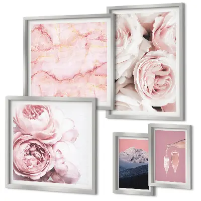 Set of 5 wall art pieces Pink flowers elegant accent