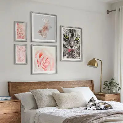 Gallery wall Cats roses delicate shades