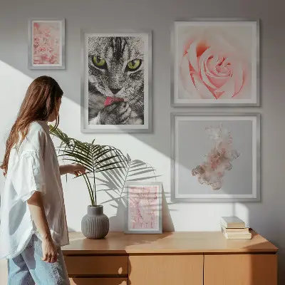 Gallery wall cats and roses in delicate shades