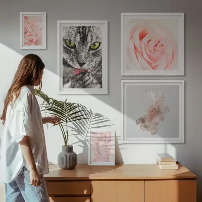 Gallery wall cats and roses in delicate shades