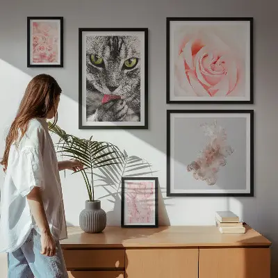 Gallery wall cats and roses in delicate shades