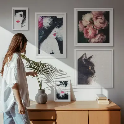 Set of 5 wall art pieces Stylish portraits of women with roses