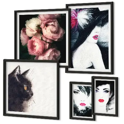 Set of 5 wall art pieces Stylish portraits of women with roses