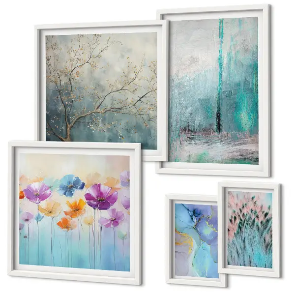 Gallery wall abstract landscapes and flowers