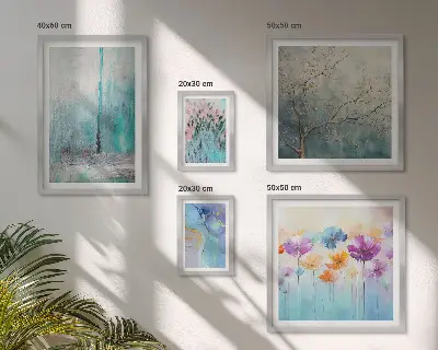 Gallery wall abstract landscapes and flowers
