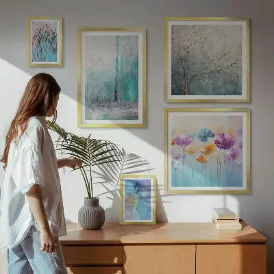 Gallery wall abstract landscapes and flowers