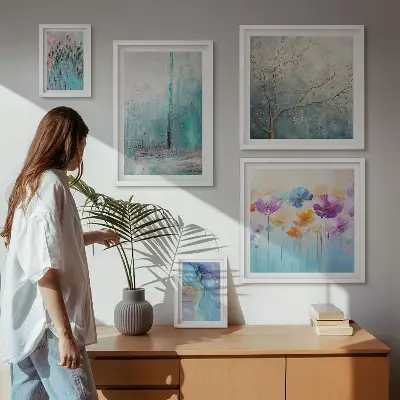 Gallery wall abstract landscapes and flowers