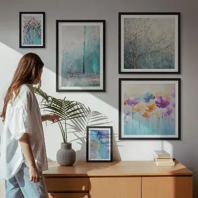 Gallery wall abstract landscapes and flowers