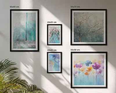 Gallery wall abstract landscapes and flowers