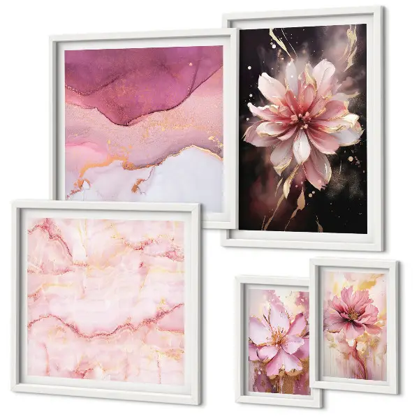 Set of 5 wall art pieces Pink floral arrangements