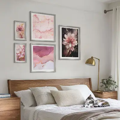 Set of 5 wall art pieces Pink floral arrangements