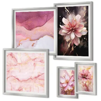 Set of 5 wall art pieces Pink floral arrangements