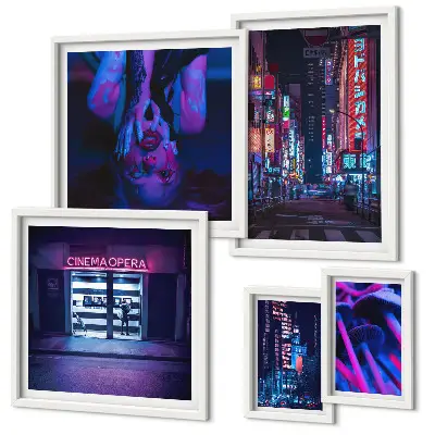 Framed photo set Neon night cityscapes