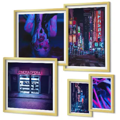 Framed photo set Neon night cityscapes