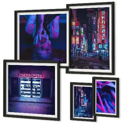 Framed photo set Neon night cityscapes