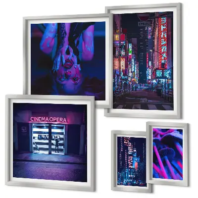 Framed photo set Neon night cityscapes