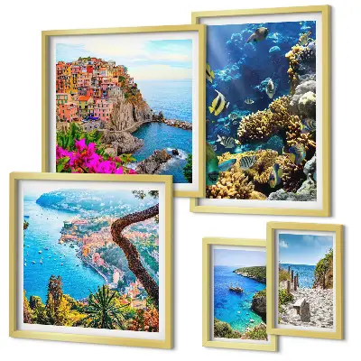 Gallery wall featuring seaside landscapes, fish, and beaches