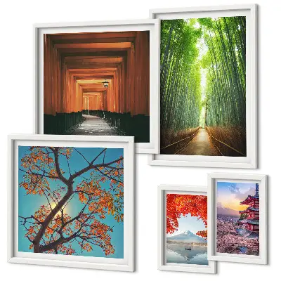 Framed photo set landscapes of Japan with bamboo and flowers