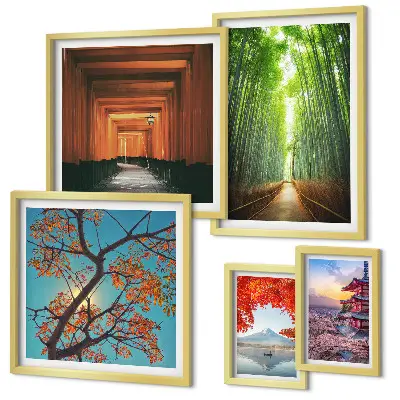 Framed photo set landscapes of Japan with bamboo and flowers