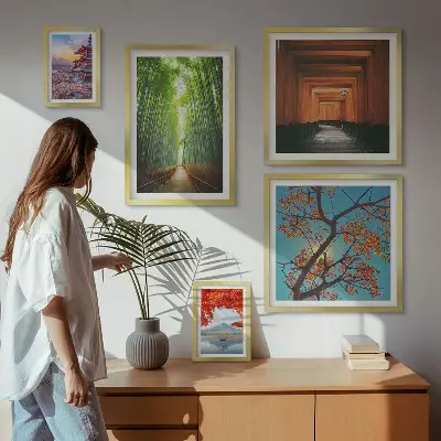 Framed photo set landscapes of Japan with bamboo and flowers