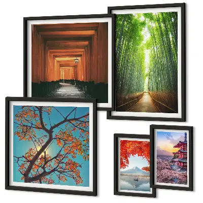 Framed photo set landscapes of Japan with bamboo and flowers