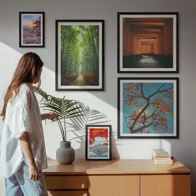 Framed photo set landscapes of Japan with bamboo and flowers