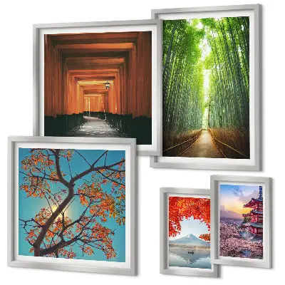 Framed photo set landscapes of Japan with bamboo and flowers