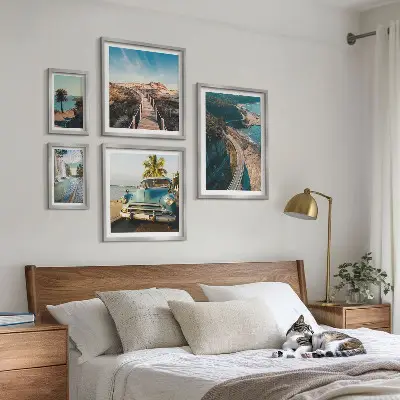Set of 5 wall art pieces featuring landscape, travel, car, and nature scenes
