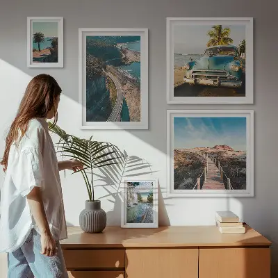Set of 5 wall art pieces featuring landscape, travel, car, and nature scenes