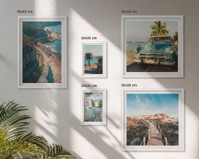 Set of 5 wall art pieces featuring landscape, travel, car, and nature scenes