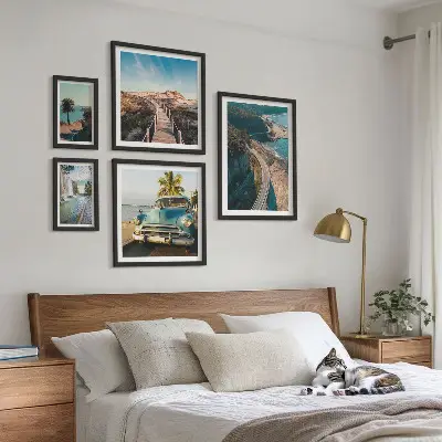 Set of 5 wall art pieces featuring landscape, travel, car, and nature scenes
