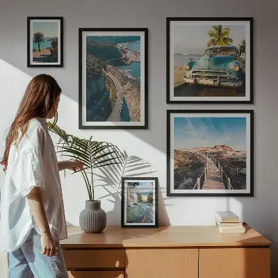 Set of 5 wall art pieces featuring landscape, travel, car, and nature scenes