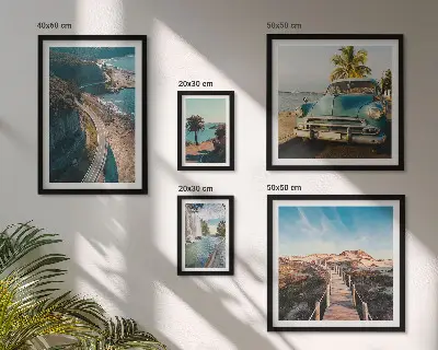 Set of 5 wall art pieces featuring landscape, travel, car, and nature scenes