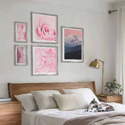 Pink landscape and flower wall art set set of 5 pieces