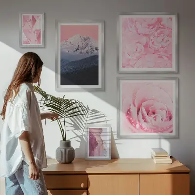 Pink landscape and flower wall art set set of 5 pieces