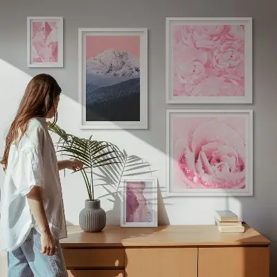 Set of 5 wall art pieces Pink landscapes modern flowers