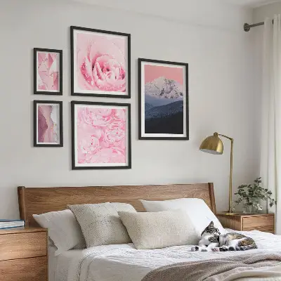 Pink landscape and flower wall art set set of 5 pieces