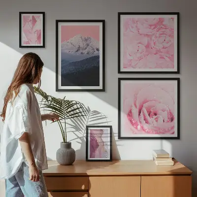 Pink landscape and flower wall art set set of 5 pieces