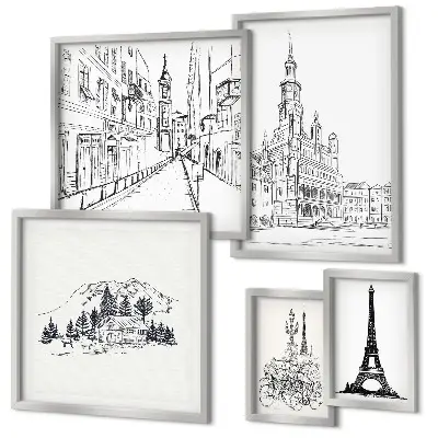 Gallery wall Stylish architectural illustrations