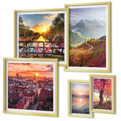 Framed photo set featuring mountain and urban nature views