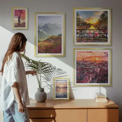 Framed photo set featuring mountain and urban nature views