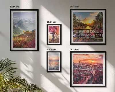 Framed photo set featuring mountain and urban nature views