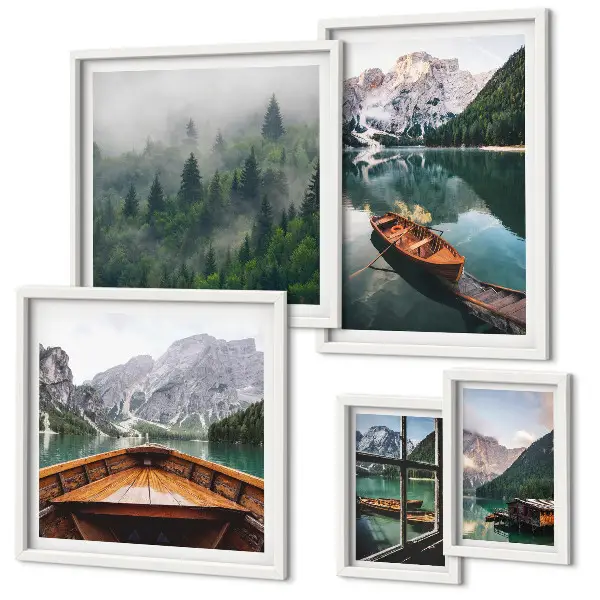 Calm mountain lakes and boats wall art set of 5 pieces
