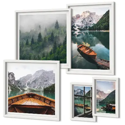 Calm mountain lakes and boats wall art set of 5 pieces