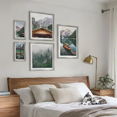 Set of 5 wall art pieces Calm mountain lakes boats