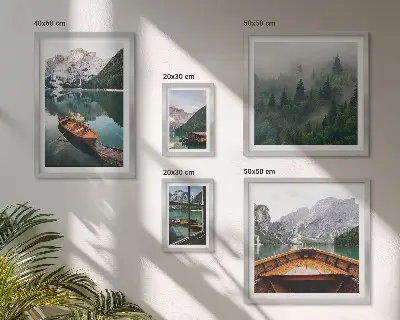 Set of 5 wall art pieces Calm mountain lakes boats