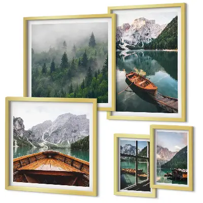 Calm mountain lakes and boats wall art set of 5 pieces
