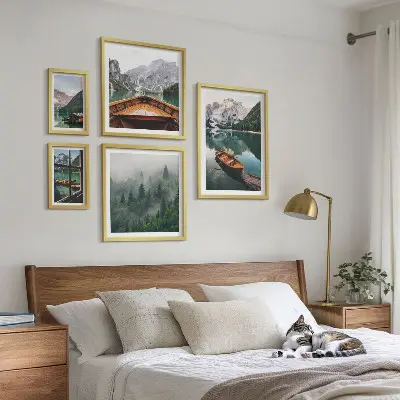 Set of 5 wall art pieces Calm mountain lakes boats