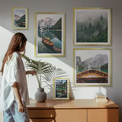 Set of 5 wall art pieces Calm mountain lakes boats