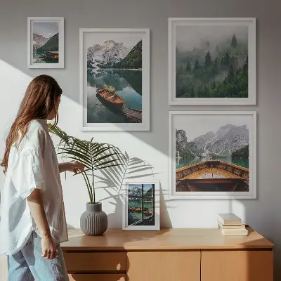 Set of 5 wall art pieces Calm mountain lakes boats